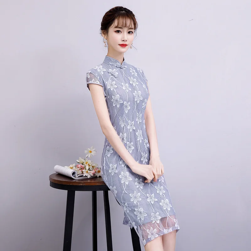 Серые летние Винтаж платье Ципао в китайском стиле Короткие вышивка кружевное платье Чонсам Для женщин китайское традиционное платье