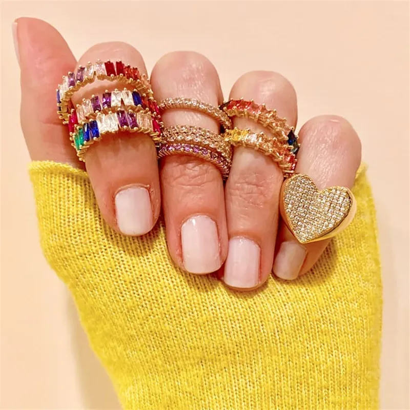 

AOTEMAN New colorful cz eternity band ring thin skinny engagement band rainbow color classic simple round circle finger rings