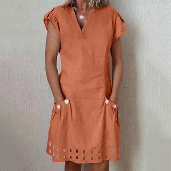 

2019 New Women Casual V-Neck Ruffled Pockets Lace Shift Daily Buttoned-decor Dresses платье summer dressBest Selling Сарафан