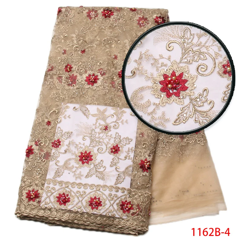 

African Nigerian Lace Fabric High Quality Indiaanse Stoffen Met Beads With Stones 5Yards Tulle Mesh Lace For Christmas XZ1162B-1