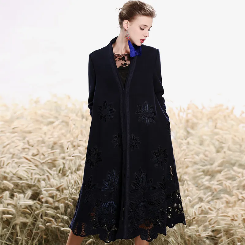 Высококлассный зимний тренч для женщин, винтажное элегантное цветочное шерстяное свободное женское синее рождественское пальто, женское M-XXXL