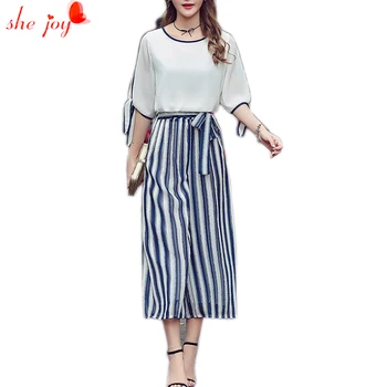 

2017 Chiffon Shirt and Pants Trendy Tracksuit for Women Strip Wide Leg Pants Capris + Tops Women's Suit Set 2pcs Twinset