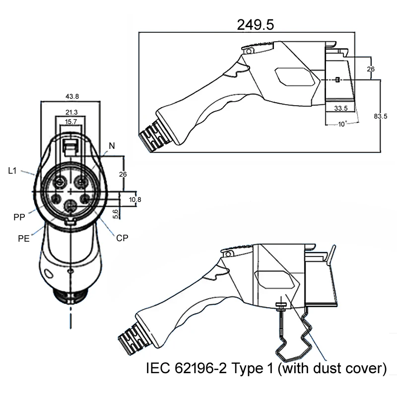  EV plug EVSE Electric car Charger Type 1 SAE J1772 level 2 16A female 110-250V multicomp