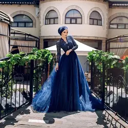 2019 модные синие вечернее платье для мусульманских женщин с длинным рукавом Кружева Бисер Топ Тюль V шеи линии Саудовская платья на