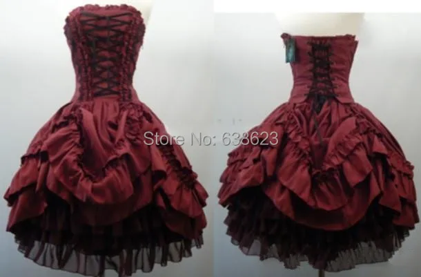 LK 2014 Hot Sale Strapless Corset Back Short Ball Gown Layered Taffeta Tulle Gothic Wedding Dresses Burgundy and Black Party Prom Dress_conew1.jpg