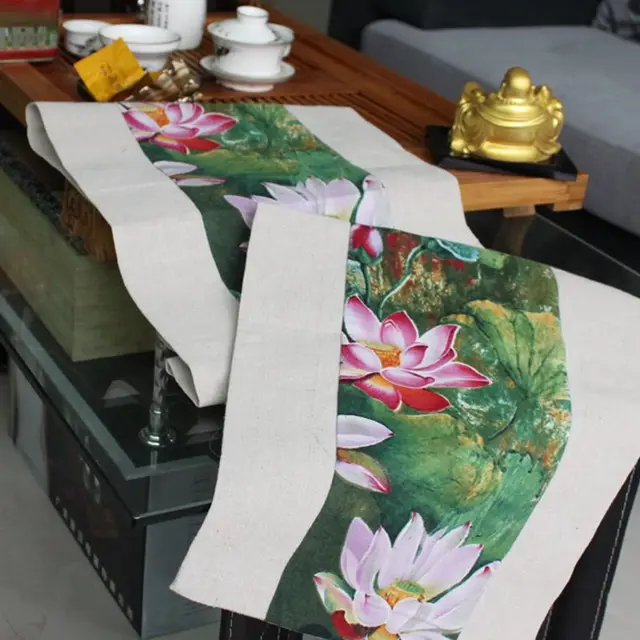 Lotus Pattern Linen Cotton Table Runner Wedding Party Lotus Pattern Linen Cotton Table Runner Wedding Party Decoration Solid Color Runners