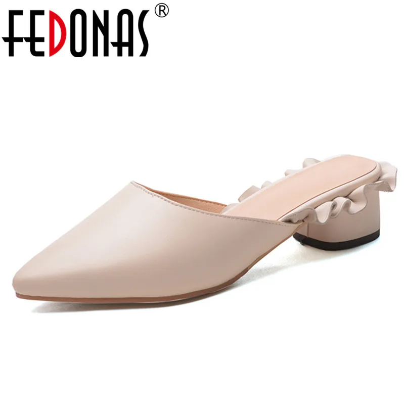 

FEDONAS 1New Women Mules Pumps Elegant Genuine Leather High Heels Shoes Summer Office Lady Ruffles Slingbacks Brand Shoes Woman