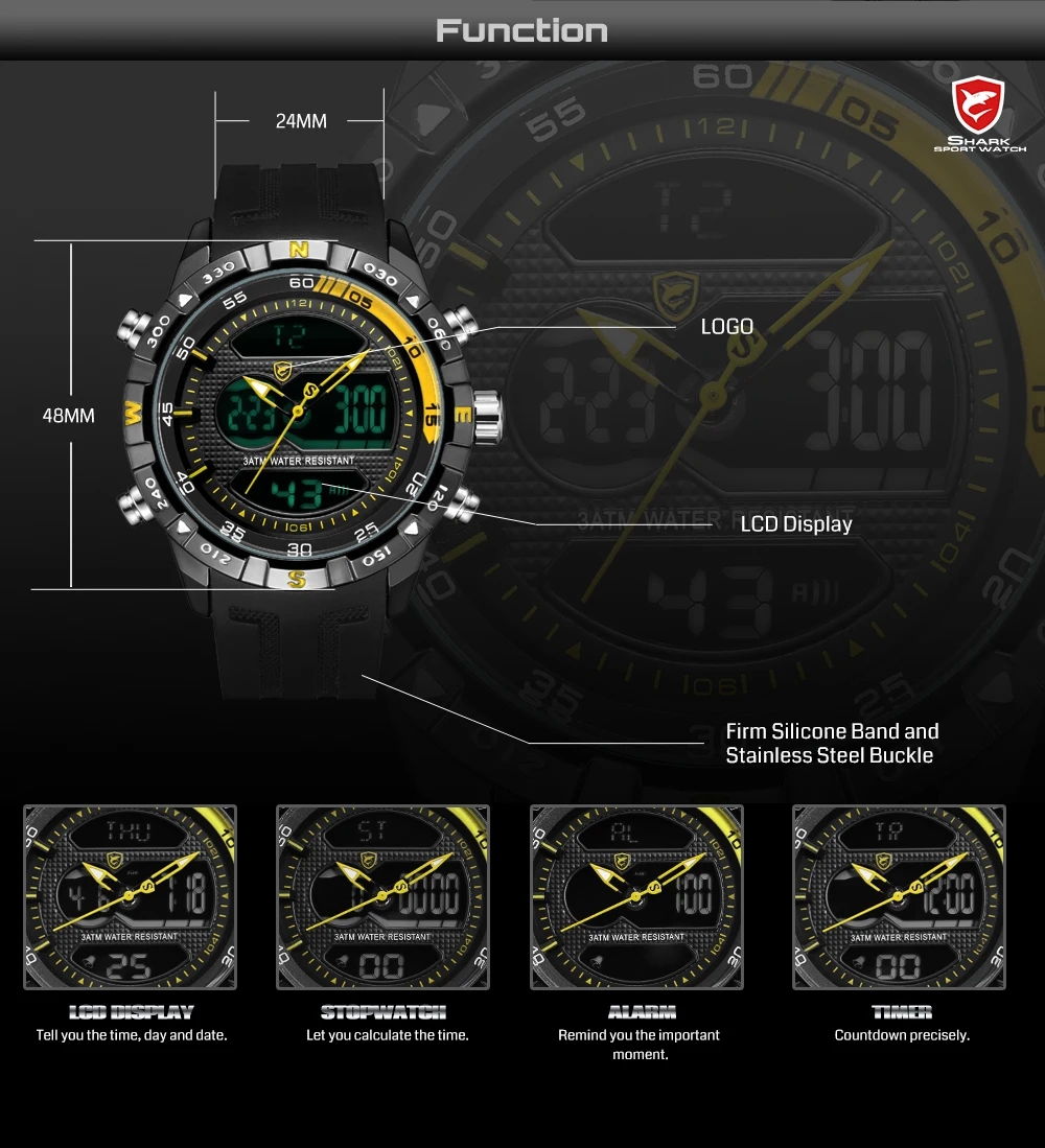 Крутой дизайн Акула мужские Секундомер Календарь Автоматическая Дата Будильник ЖК-часы двойное время резиновый ремешок уличные часы erkek kol saati/SH599