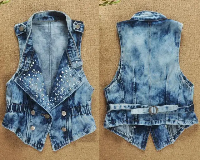 3 Color Sizw M,L,XL,XXL Women's Denim Vest Punk Studded Cropped Rivet