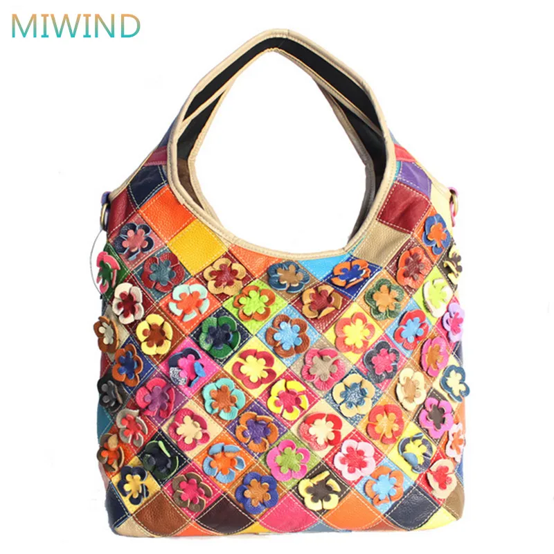 European Style Women Bag 2017 Colorful Genuine Leather Shoulder Bag Fashion Patchwork Flower Women Handbag Casual Tote GB083