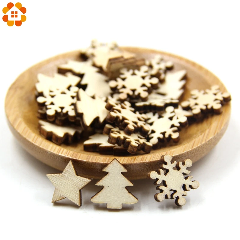 

50PCS Natural Wooden DIY Christmas Tree Hanging Ornaments Pendant Gifts Tree Snow Flakes Star Shape Xmas Ornaments Decorations