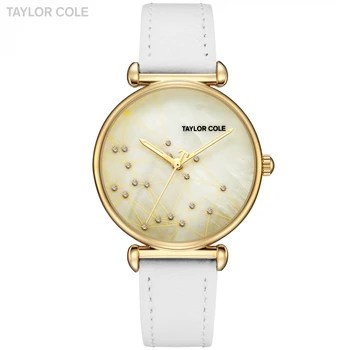 

Taylor Cole Cool Style Women Watch Golden Clock Luxury Ladies Watches White Genuine Leather Band Wrist Watches for Women / TC142