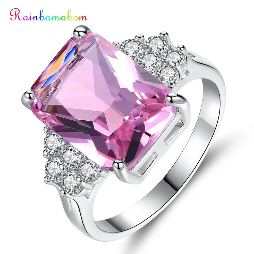 

Rainbamabom Trendy 925 Solid Sterling Silver Pink Sapphire Gemstone Wedding Engagement Ring Fine Jewelry Wholesale Drop Shipping