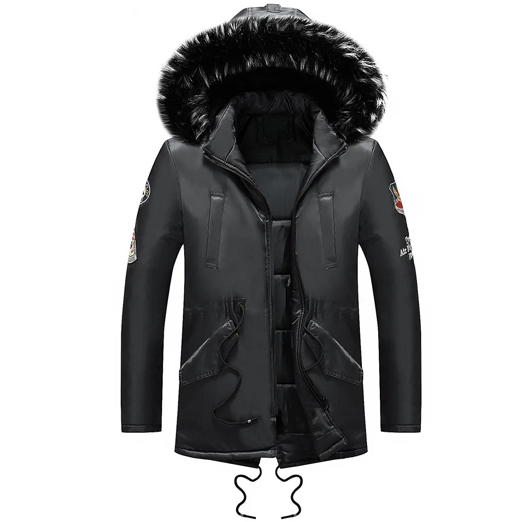 Зимний мужской теплый пуховик с меховым воротником и хлопковой подкладкой, Длинные мужские парки, повседневное плотное пальто со съемным капюшоном, верхняя одежда размера плюс - Цвет: Черный