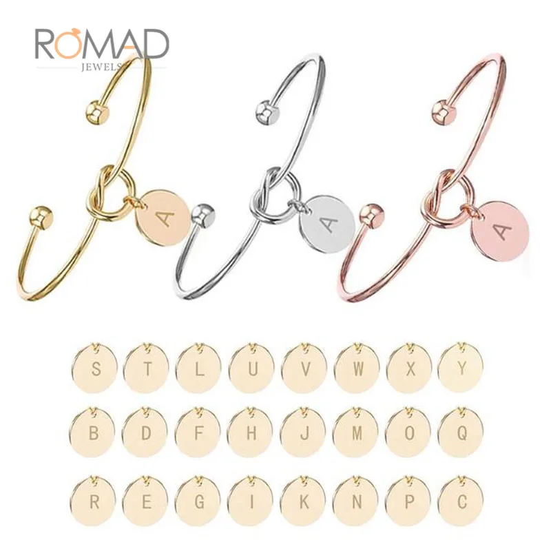 

Rose Gold Bracelets for Women 26 Initial Letter Pendant Bangles Heart Tie Knot Opening Cuffs Love Bangle Jewelry pulseiras Z35