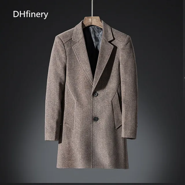DHfinery winter Long wool coat men lapel Casual 30%Wool Coats dark blue ...