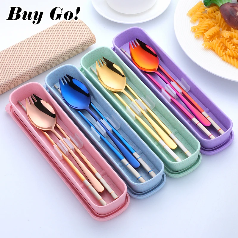 

3PCS Stainless Steel 3 IN 1 Fork Spoon Chopsticks Set Portable Dinnerware Set With Box Adult Travel Picnic Cutlery Tableware Set