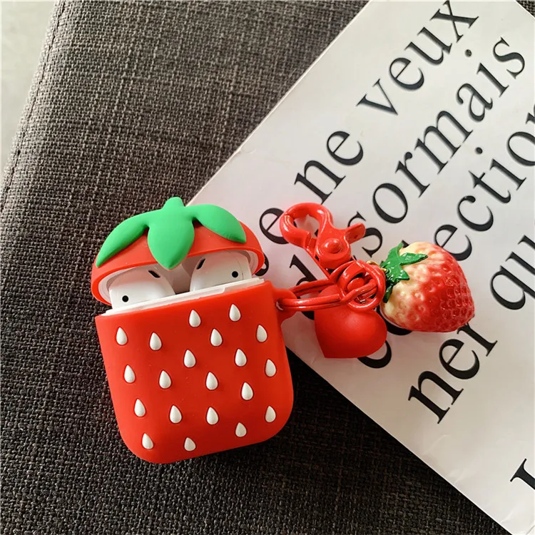 Strawberry with Ring Strap 3D Cute Fruit Accessories Cartoon Soft Silicone Earphone Cases for Apple Airpods 2 1 Protect Cover