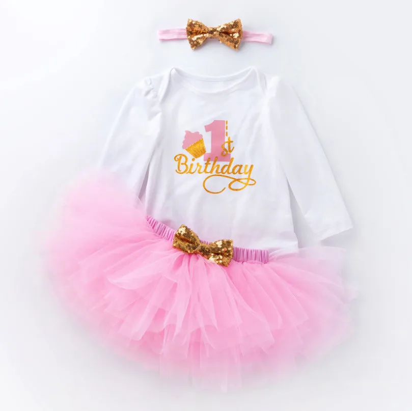 3 piece set НОВЫЕ комплекты одежды для маленьких девочек праздничные платья на день рождения для новорожденных, детские костюмы для крещения с длинными рукавами юбка-пачка, подарки - Цвет: 3 piece set