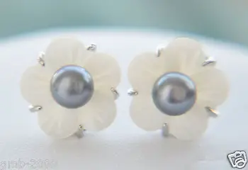 

Natural 6-7mm Black Freshwater Pearl Shell Flower 925 Sterling Silver Earrings