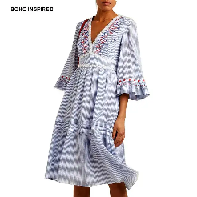Boho Inspired Blue Striped Dress Deep V Neckn Half Length Bell Boho Inspired Blue Striped Dress Deep V Neckn Half Length Bell Sleeves Pleated Hem