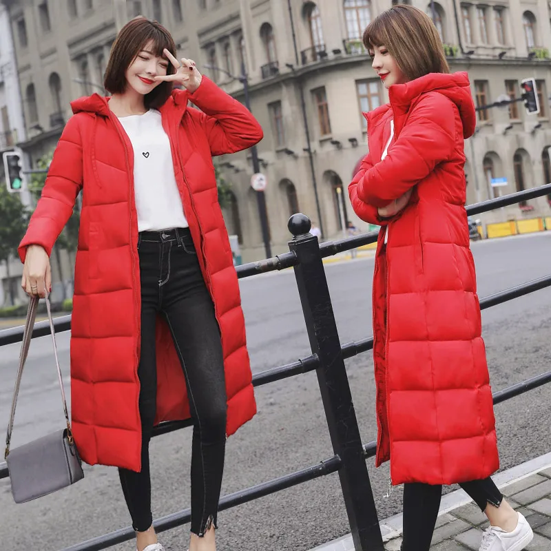 M-6XL, новинка, зимняя куртка, Женская парка, пальто, Feminina, длинный пуховик размера плюс, длинный пуховик с капюшоном, хлопковое пальто, куртка для женщин - Цвет: Красный