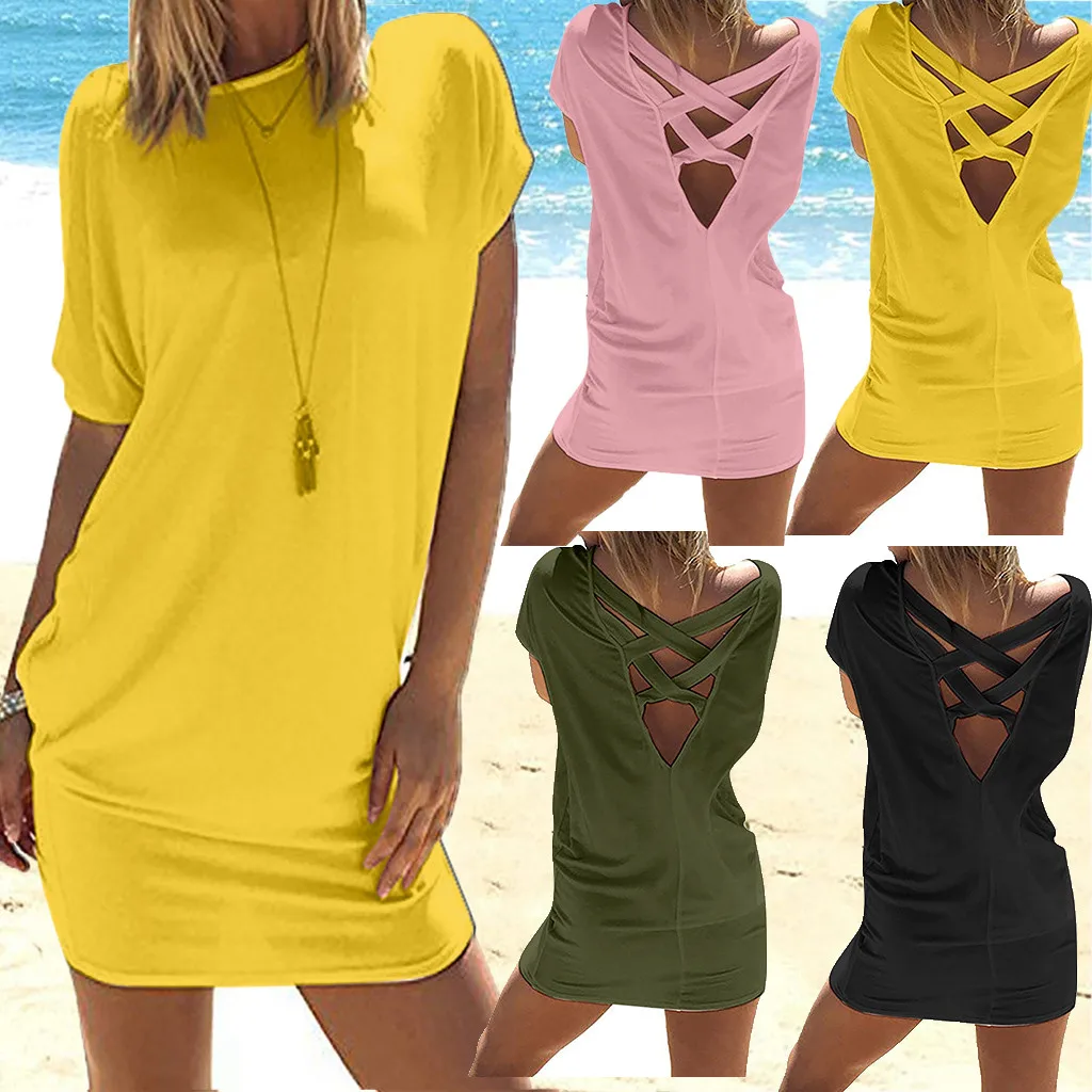 

Summer Dress 2019 Fashion Women Casual Solid Above Knee Dress Sleeve Loose Beach Party Mini Dress Vintage Vestidos Robe Femme