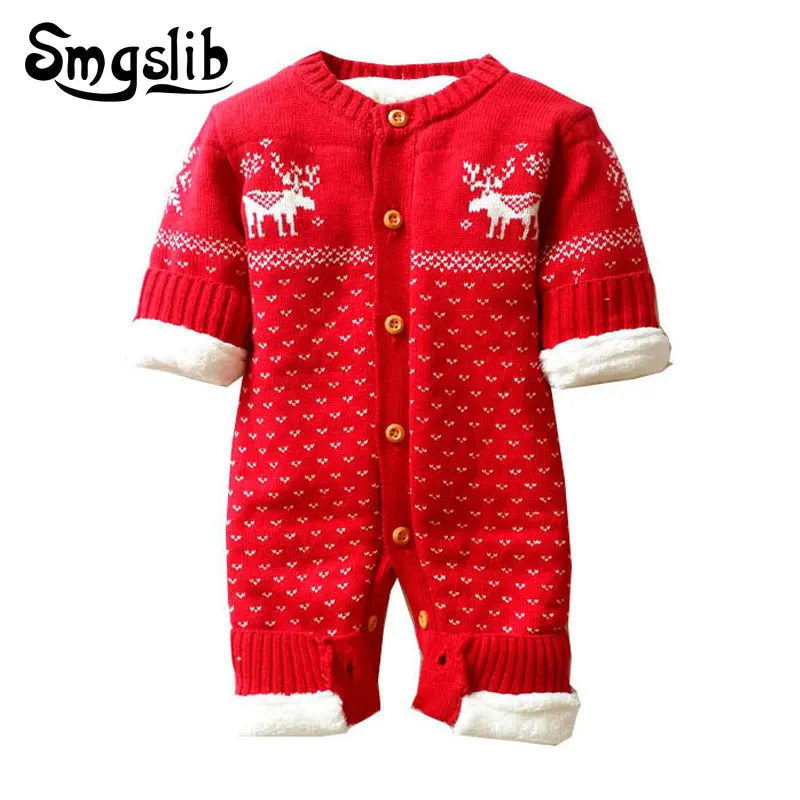

Baby christmas clothes Newborn Rompers Winter Thick Climbing Clothes Knitted Sweater Christmas Deer Print Outwear jumpsuit