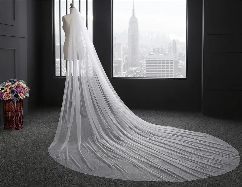 Элегантная Длинная свадебная вуаль с гребнем, один слой, тюль, обрезанная кромка, фата невесты, 200 см, 300 см, свадебные аксессуары
