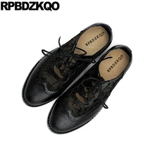 Сетка в британском стиле, размер 42 натуральная кожа обувь на шнуровке и на плоской подошве 10 с перфорацией типа «броги» с круглым носком; дышащие; большие 11 в винтажном стиле; женские оксфорды; Цвет Черный