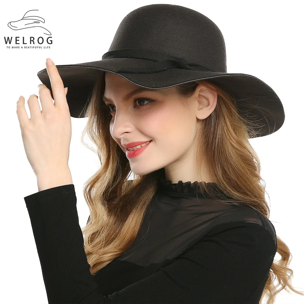 WELROG 2019 Autumn Winter Wide Brim Sun Hat for Women Fedora Hat Floppy ...