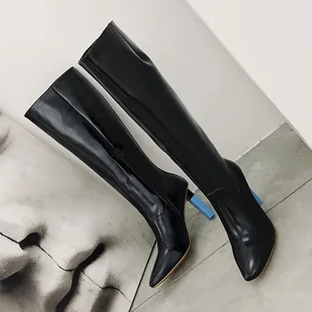 

2018 Lighter heel Knee High Boots Woman Pointed Toe Fluorescence Strange High Heel Boots Woman Fashion Knight Boots