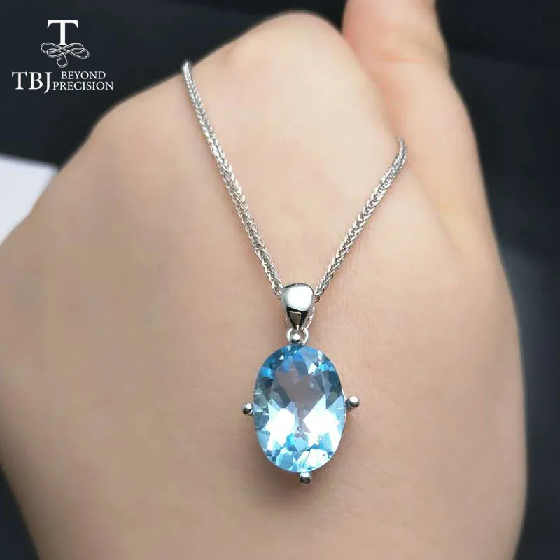

TBJ,Simple design pendant with Natural oval cut 10*14mm 6.5ct Sky blue topaz gemstone Pendant with chain in 925 sterling silver