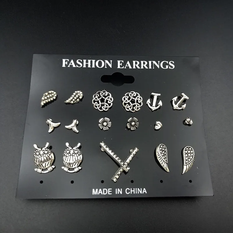 

2019 Oorbellen Pendientes European And American Owl Wings Heart-shaped Hollow-out Flower Beauty Tail Nine Suit Stud Earrings