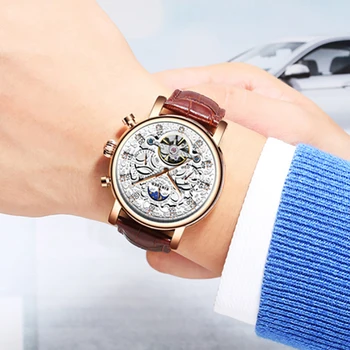 

KINYUED Moon Watch Skelleton Mechanic Wristwatch Mens Automatic Watches Tourbillon Clock Male relojes mecanicos automaticos 2020