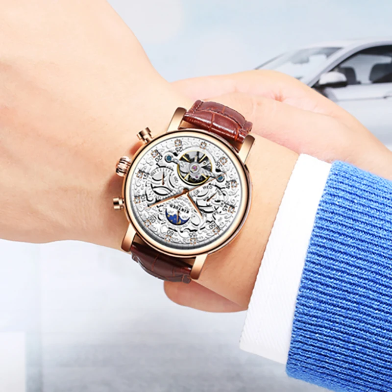KINYUED Moon Watch Skelleton механические наручные часы Мужские автоматические турбийон