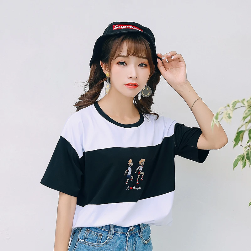 

2019 Chic Women Loose T-shirts Cartoon Print Casual Summer Ulzzang Student Tops Harajuku Half Sleeve T-shirts for femela