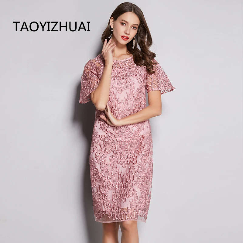 Новое поступление летнее повседневное стильное розовое платье TAOYIZHUAI с круглым