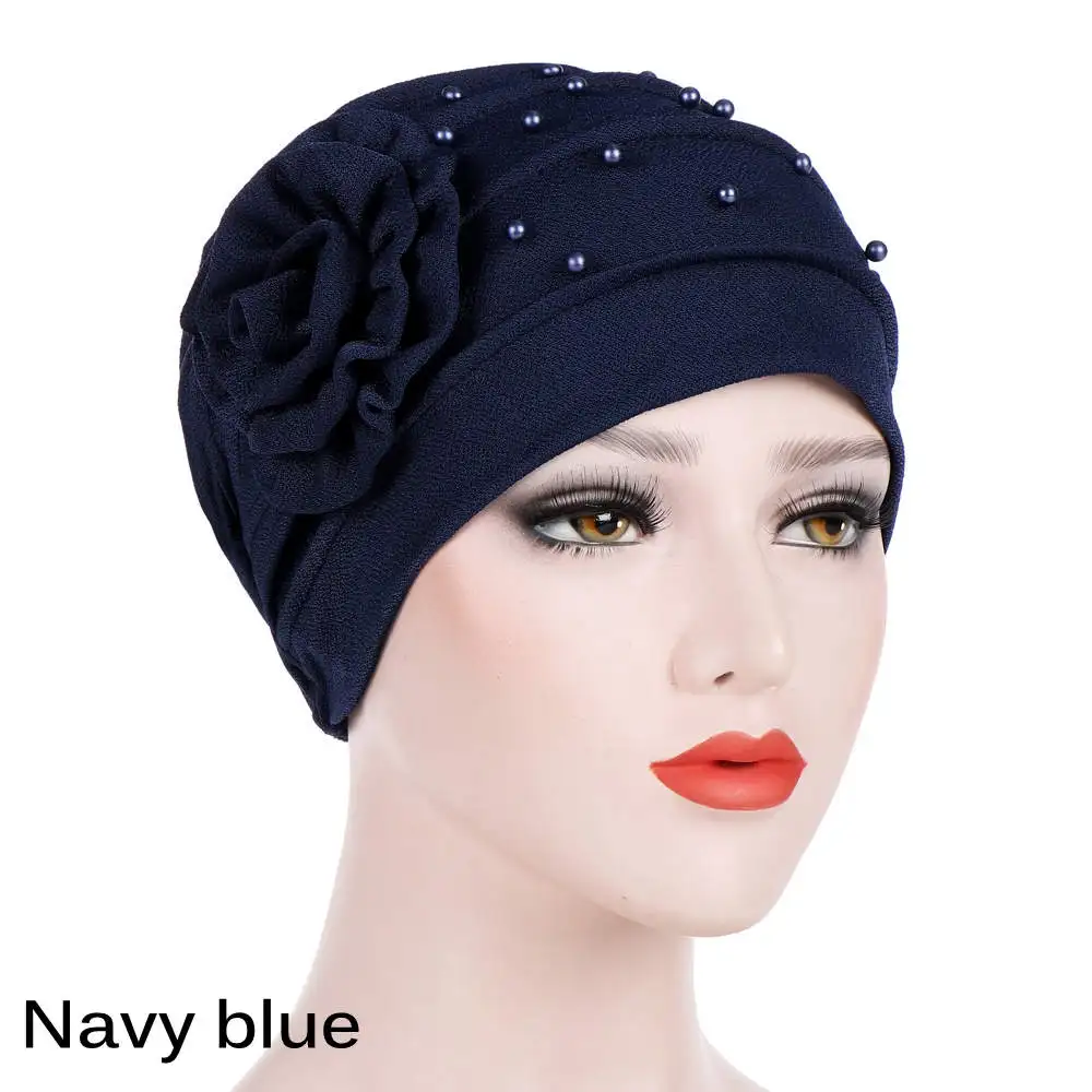 navy blue Модные женские Бисероплетение Исламская индийская шляпа мусульманская Цветочная рябь раковая шапка Хемо шарф Тюрбан Дамская перламутровая шапка для выпадения волос - Цвет: navy blue