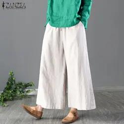 Лето 2019 г. ZANZEA Твердые свободные хлопок белье работы Длинные мотобрюки Pantalon для женщин Повседневное Высокая эластичный пояс, карманы