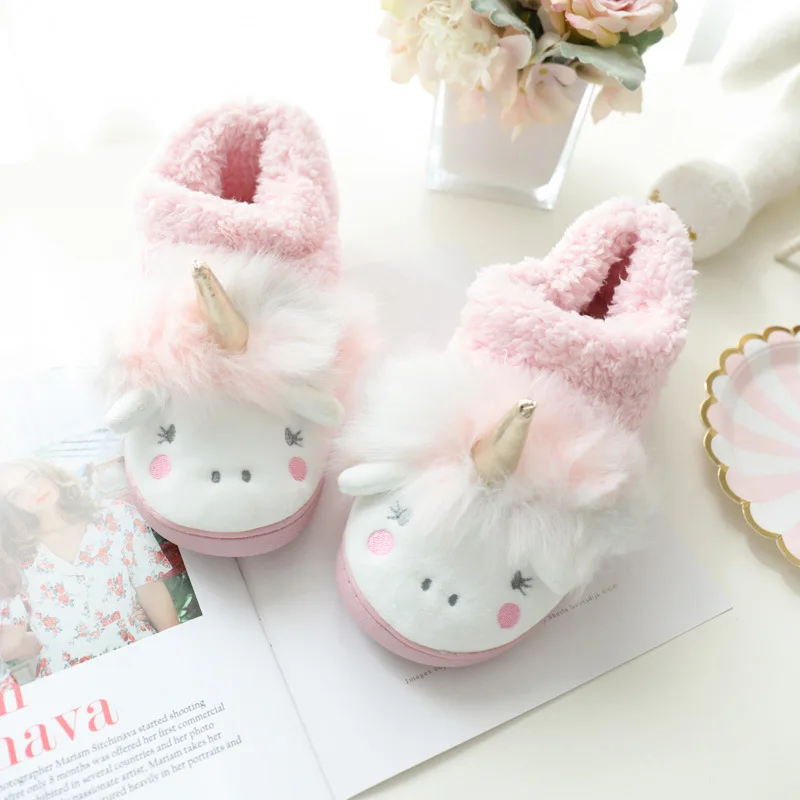 ASILETO Winter cartoon unicorn slippers fur Cotton shoes indoor floor lovely slippers Fluffy slip on cozy size 35-40 Pantoufle