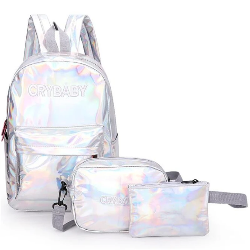 Yogodlns Голографический лазерный рюкзак с вышитыми буквами и голограммой, набор рюкзаков, школьная сумка+ сумка на плечо+ пенал, 3 шт