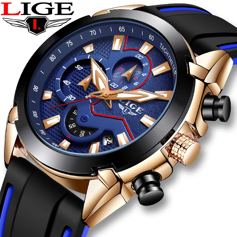 

LIGE Fashion Casual Mens Sports Watches Men Automatic Date Silicone Strap Waterproof Analog Quartz Clock Military Chronograph