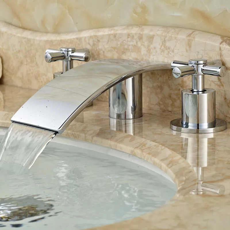 

Cross handle Wash Basin Sink Mixer Faucet with Hot Cold Water Taps Deck Mount Chrome Polished