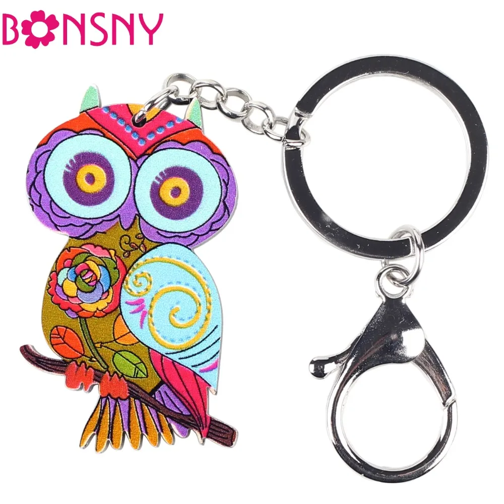 

Bonsny Colorful Owl Acrylic Bag Key Chain For Girls Keychain Animal New 2016 Woman Keyring Gift fashion Accessories Brand