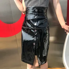 Новая весенняя одежда Харадзюку Женская юбка из искусственной кожи с высокой талией и пуговицами спереди элегантная облегающая женская юбка миди с разрезом и рюшами