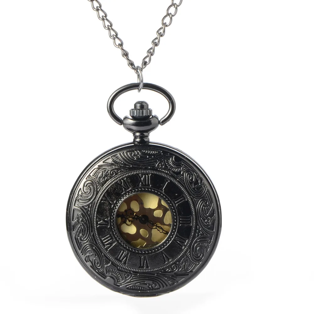 

Cindiry Men Brand New Black Gray Roman Dial Quartz Vintage Antique Pocket Watch Necklace Watches With Chain Clock Gift P0.5