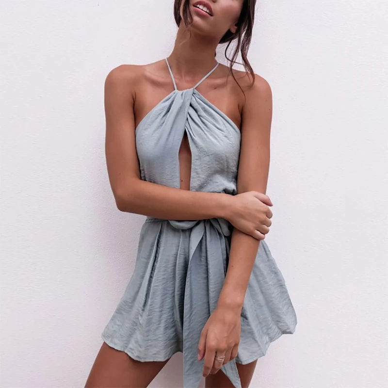 Casual Boho Beach Women Summer Playsuit With Sash Tie Camis Halter Sleeveless Backless Sexy Short Rompers Jumpsuit (4)