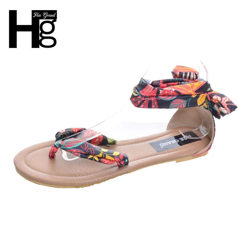 

HEE GRAND Summer Sandals Bohemia Ribbon Flat with Cross Tie Women Flip Flops Plus Size 34~43 Summer Sales XWZ1050