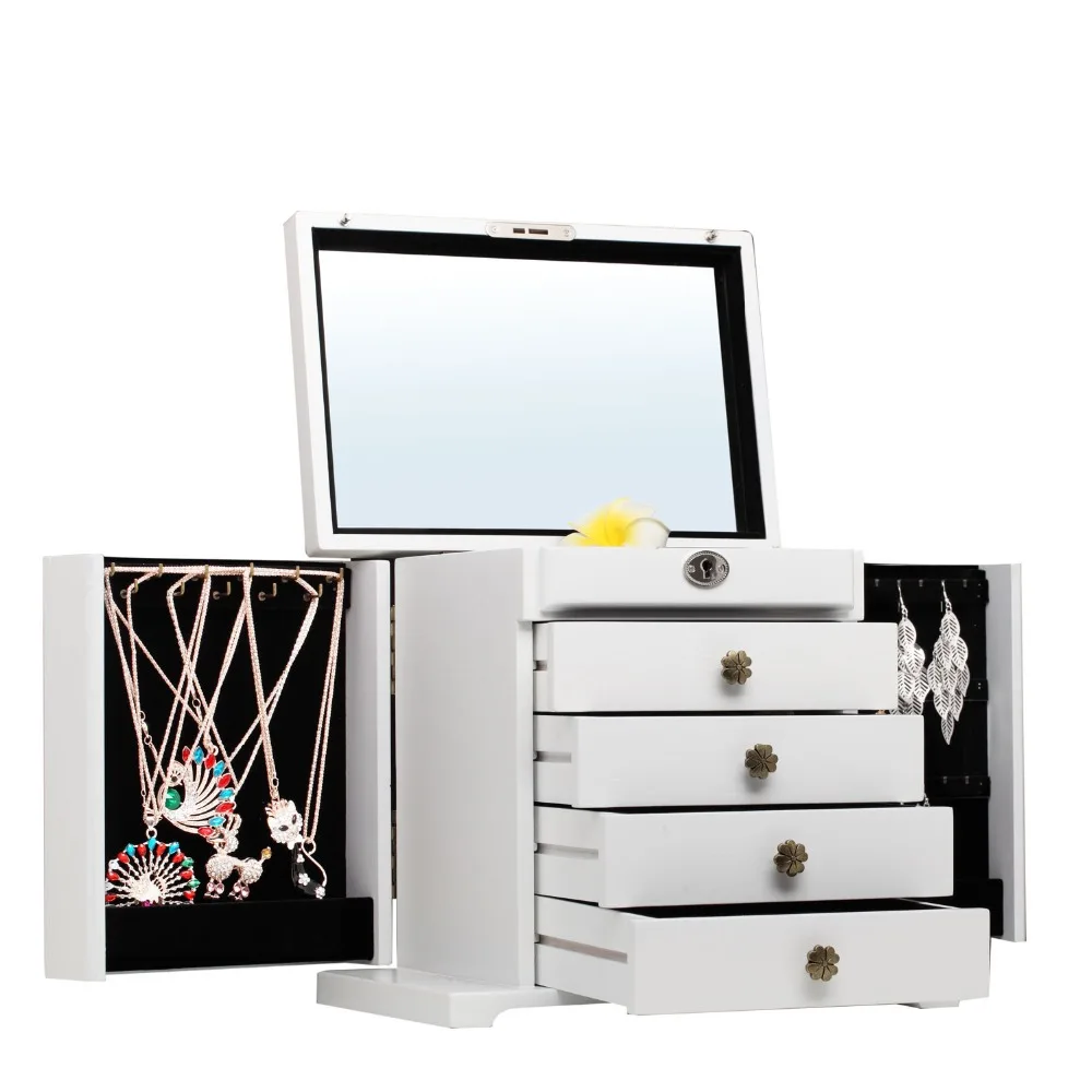 

ROWLING Large Wooden Jewellery Boxes White Ring Earings Storage Wood Flower Pattern Top Cabinet Mirror 5 Layers Luxury Organizer